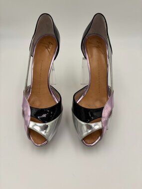Giuseppe Zanotti Metallic Silver, Purple, Black Peep Toe Pumps Heels Patent Y2K